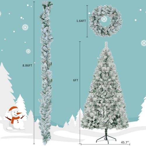6 Feet Snow Covered Christmas Tree, Pre-Installed Light Set With Tree & Garland & Garland, Artificial Hinged Christmas Tree With Colored LED Lights, 8 6 Feet Snow Covered Christmas Tree, Pre-Installed Light Set With Tree & Garland & Garland, Artificial Hinged Christmas Tree With Colored LED Lights, 8